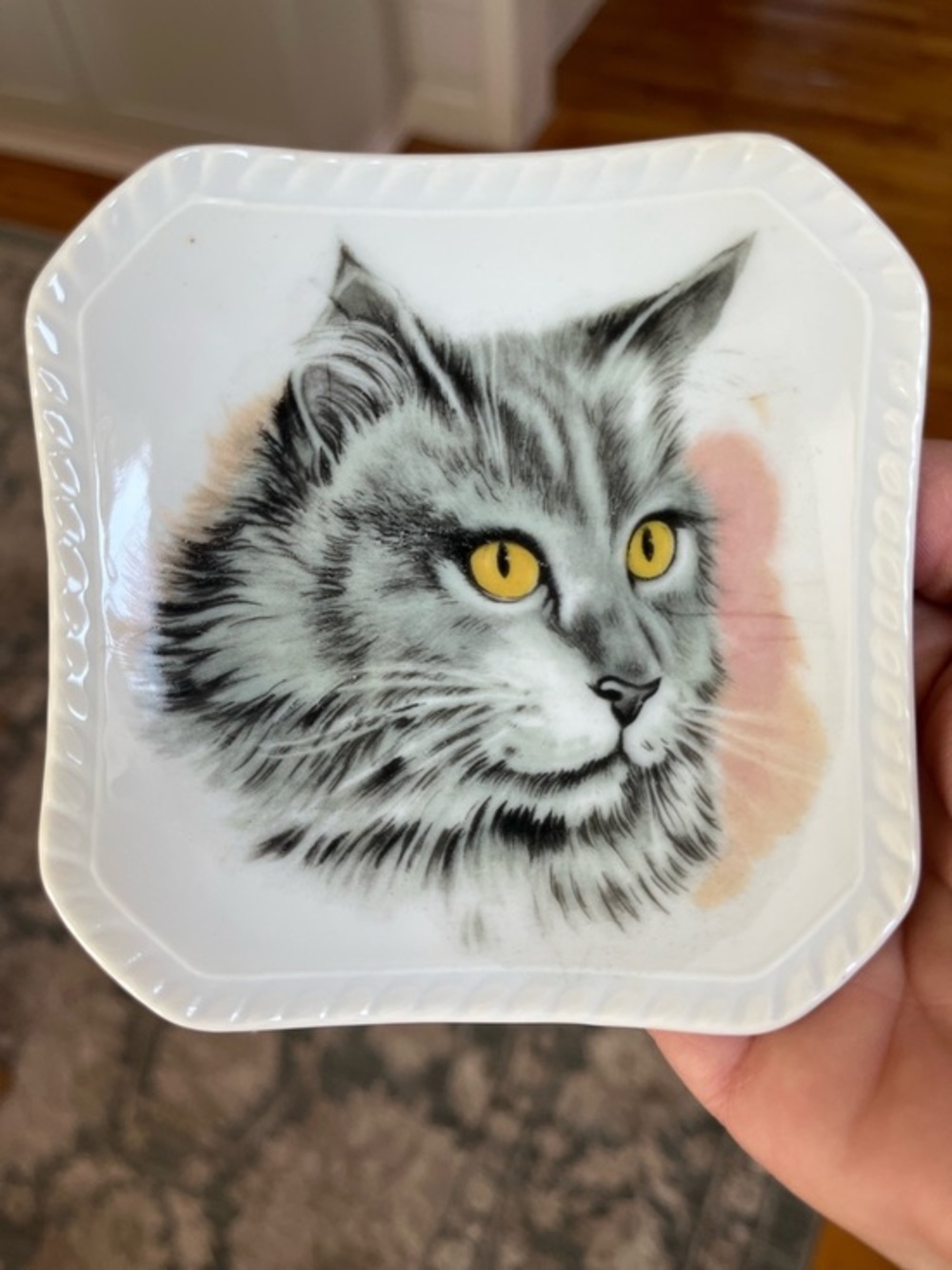 Vintage Cat Trinket Dish with Gray Tabby Portrait - White Made in Japan